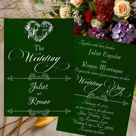 Romantic Heart & Calligraphy on Emerald - Wedding 招待状