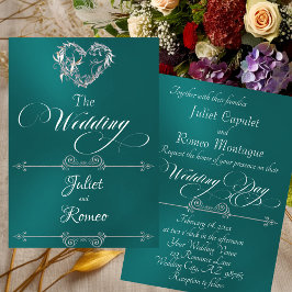 Romantic Heart & Calligraphy on Teal - Wedding 招待状