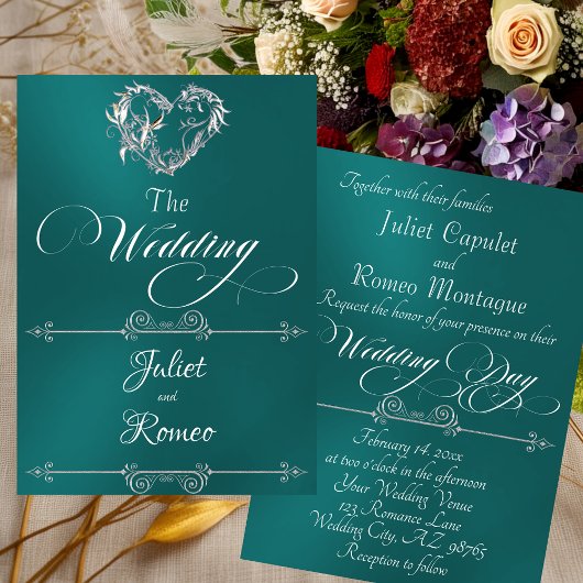 Romantic Heart & Calligraphy on Teal - Wedding 招待状