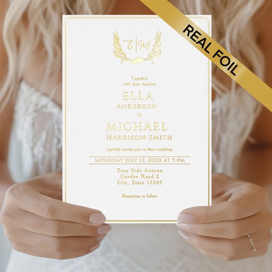 Romantic Heart Foliage Monogram Wedding 箔招待状