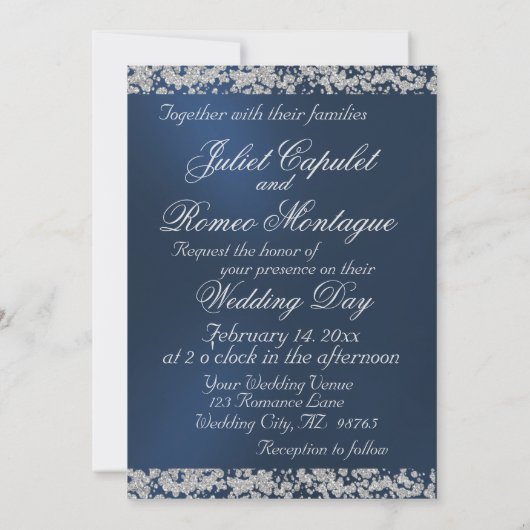 Romantic Heart & Glitter on Blue Wedding 招待状 (裏面)