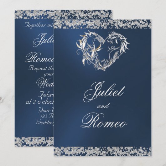 Romantic Heart & Glitter on Blue Wedding 招待状 (正面/裏面)