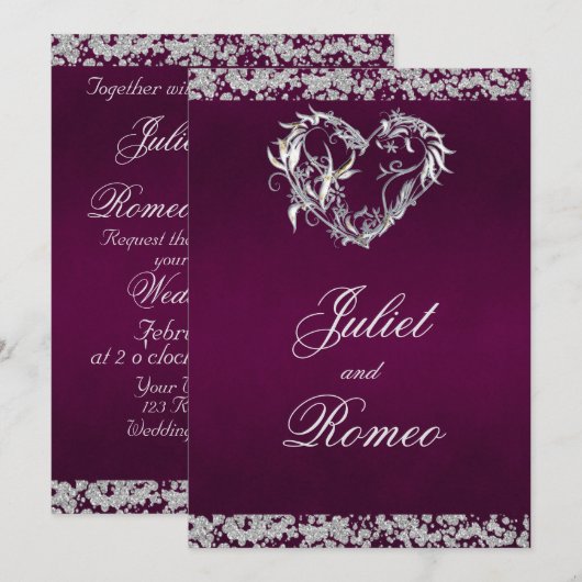 Romantic Heart & Glitter on Plum Wedding 招待状 (正面/裏面)