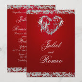 Romantic Heart & Glitter on Red Wedding 招待状 (正面/裏面)