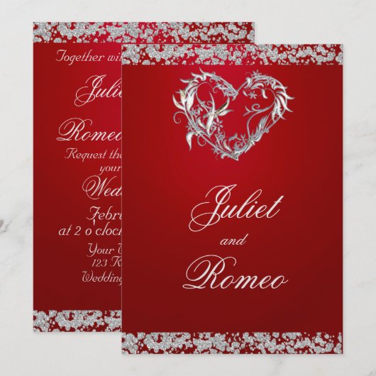 Romantic Heart & Glitter on Red Wedding 招待状 (正面/裏面)