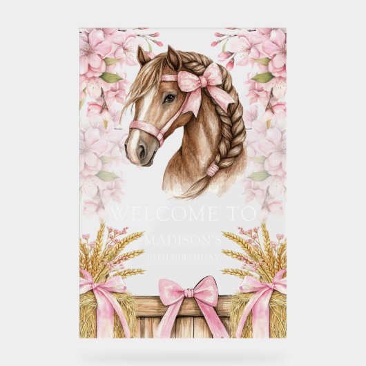 Romantic Horse Design with Cherry Blossoms & Hay アクリルサイン (正面)