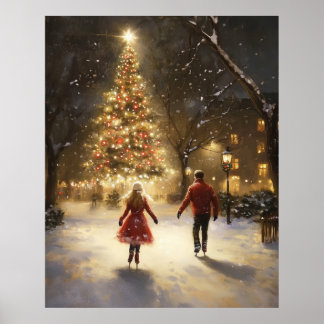 Romantic Ice Skating Couple Christmas Wall Art ポスター