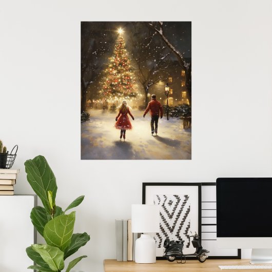 Romantic Ice Skating Couple Christmas Wall Art ポスター (ホームオフィス)