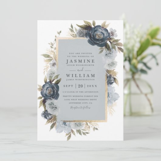 Romantic Indigo Floral Elegant QR Code Wedding 招待状 (スタンド正面)