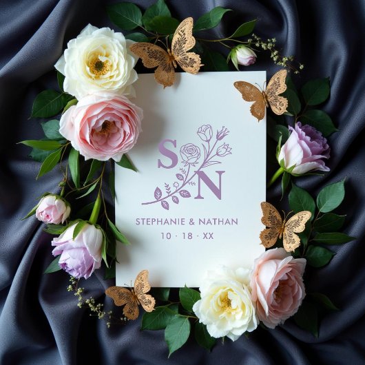 Romantic Initials Wildflowers Branches Wedding ラバースタンプ
