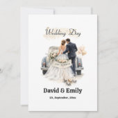 Romantic "Just Married" Couple & Vintage Car 招待状 (正面)