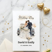 Romantic "Just Married" Couple & Vintage Car 招待状