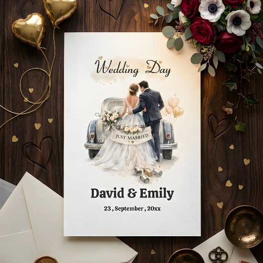 Romantic "Just Married" Couple & Vintage Car 招待状