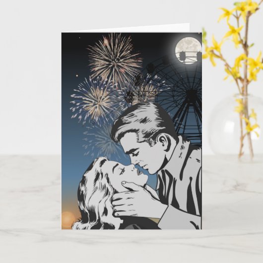 Romantic Kiss Under Fireworks Greeting Card カード (黄色い花)