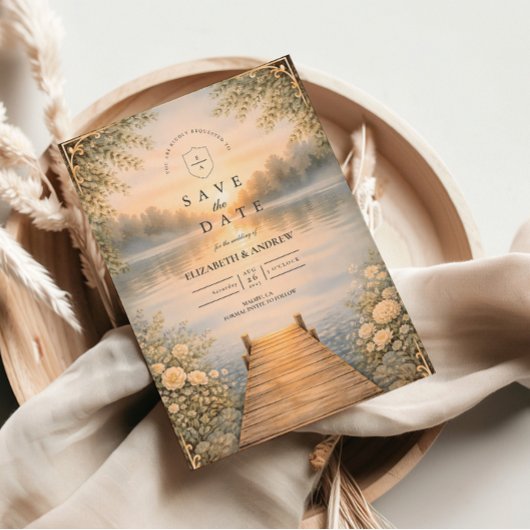 Romantic Lake Pier Wildflower Wedding セーブザデート