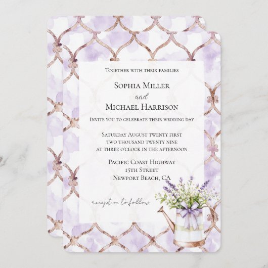 Romantic Lavender Floral Bow Wedding 招待状 (正面/裏面)