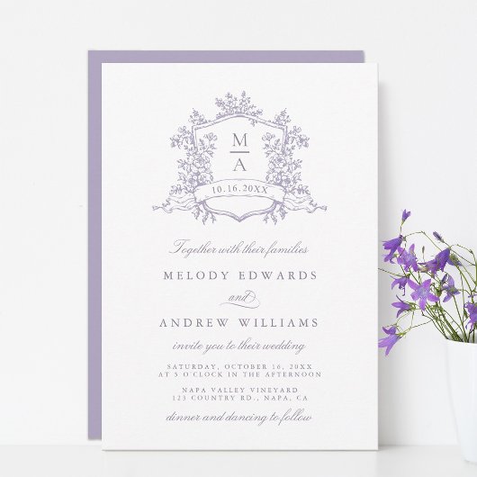 Romantic Lavender Floral Crest Wedding 招待状