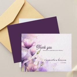 Romantic Lavender Floral Gold Wedding Thank You ポストカード