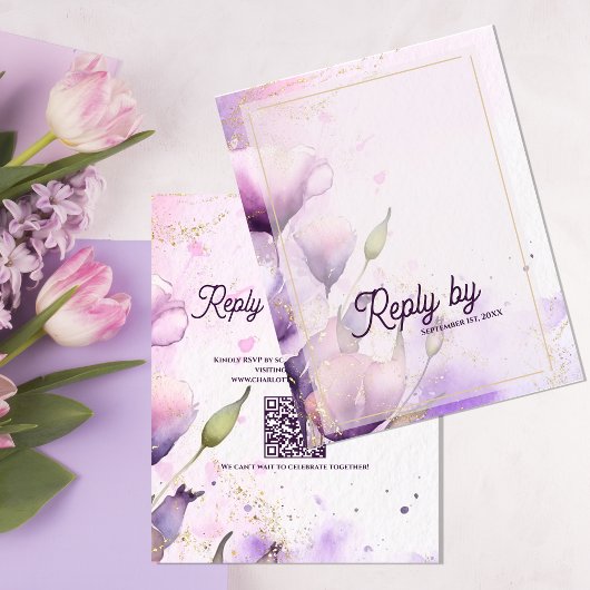 Romantic Lavender Gold Floral Wedding Reply By 出欠カード