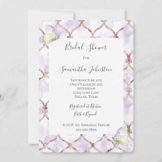Romantic Lavender Green Butterflies Bridal Shower 招待状 (正面)