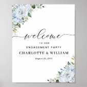 Romantic Light Blue Floral Engagement Party Poster ポスター (正面)