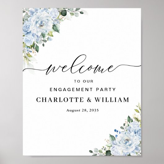 Romantic Light Blue Floral Engagement Party Poster ポスター (正面)