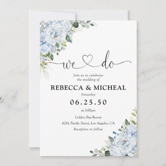 Romantic Light Blue Floral Wedding Invitation 招待状 (正面)