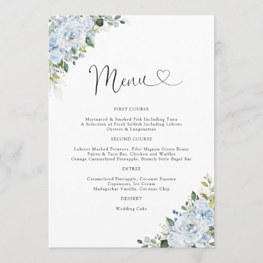 Romantic Light Blue Floral Wedding Menu メニュー (正面)