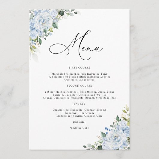 Romantic Light Blue Floral Wedding Menu メニュー (正面)