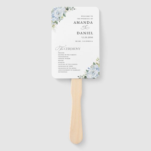 Romantic Light Blue Floral Wedding Program  ハンドファン (正面)