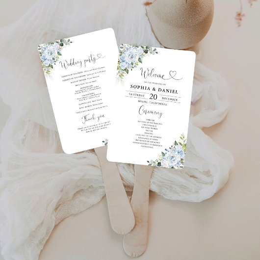 Romantic Light Blue Floral Wedding Program  ハンドファン