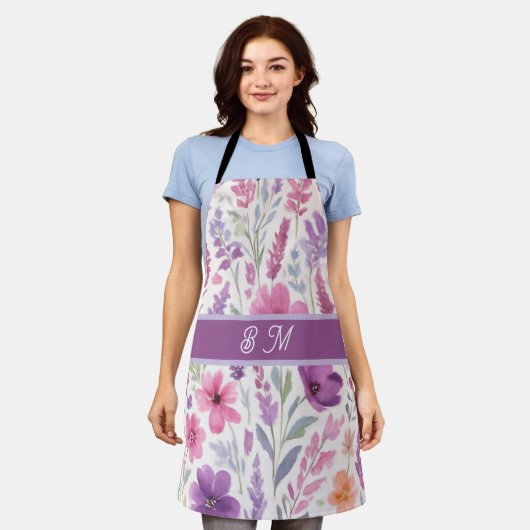 Romantic lila pink Pastel Botanical Spring Meadow エプロン (着用した状態)