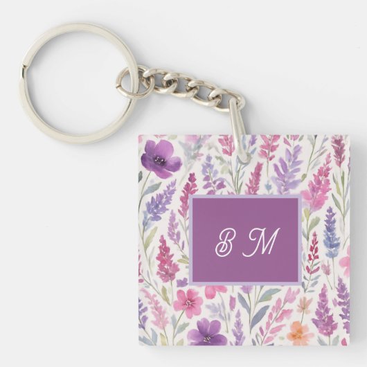 Romantic lila pink Pastel Botanical Spring Meadow キーホルダー (正面)