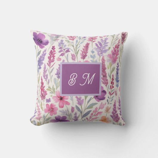 Romantic lila pink Pastel Botanical Spring Meadow クッション (正面)