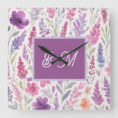 Romantic lila pink Pastel Botanical Spring Meadow スクエア壁時計 (正面)