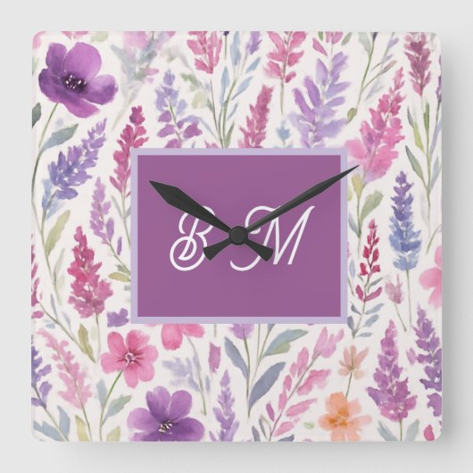 Romantic lila pink Pastel Botanical Spring Meadow スクエア壁時計 (正面)