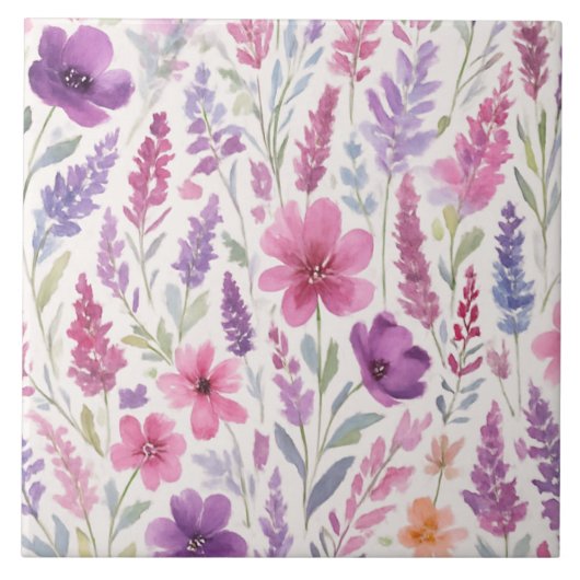 Romantic lila pink Pastel Botanical Spring Meadow タイル (正面)