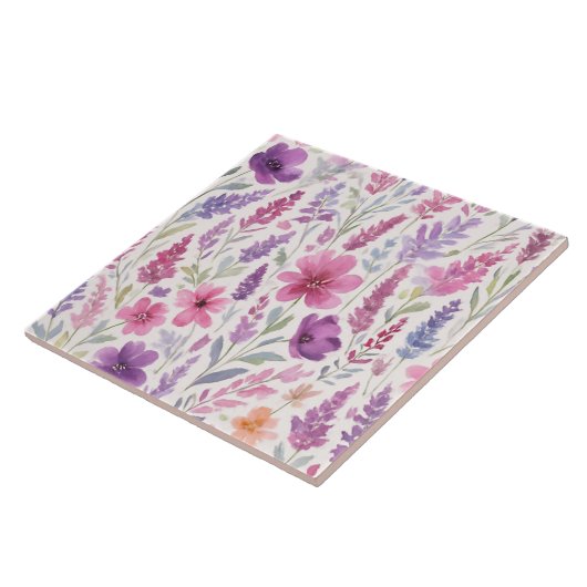 Romantic lila pink Pastel Botanical Spring Meadow タイル (側面)