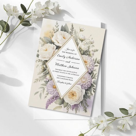 Romantic Lilac Floral Geometric Wedding Invitation 招待状