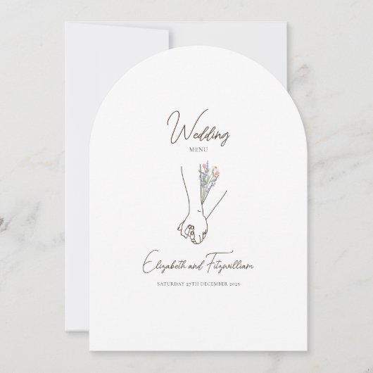 Romantic Line Art Couple Holding Hands Flower Menu 招待状 (正面)