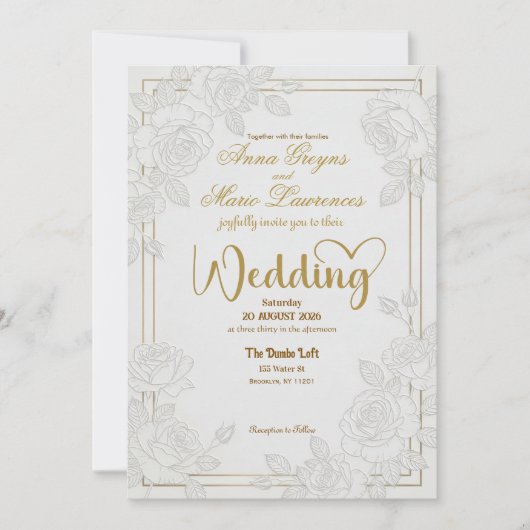 Romantic Line Art Rose Faux Gold Foil Wedding  招待状 (正面)