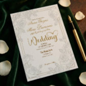 Romantic Line Art Rose Faux Gold Foil Wedding  招待状