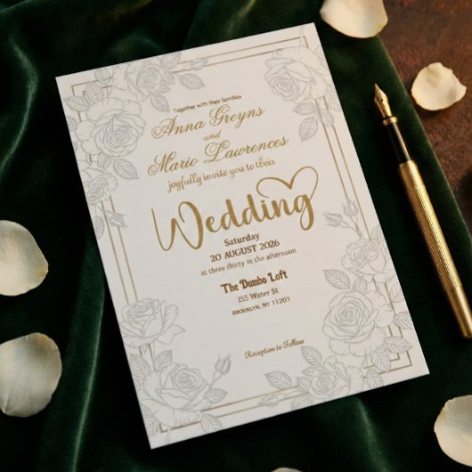 Romantic Line Art Rose Faux Gold Foil Wedding  招待状