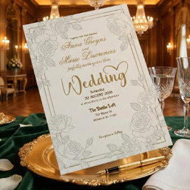 Romantic Line Art Rose Faux Gold Foil Wedding  招待状