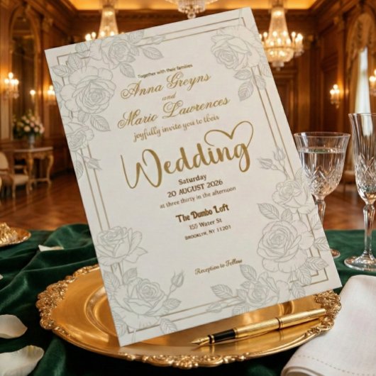 Romantic Line Art Rose Faux Gold Foil Wedding  招待状