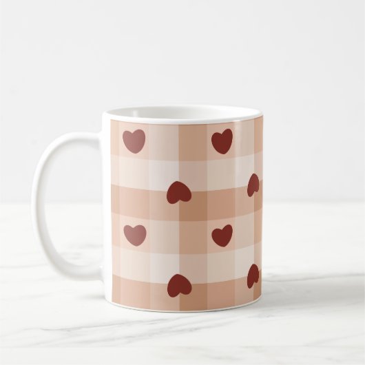 Romantic little hearts and brown gingham checks コーヒーマグカップ (左)