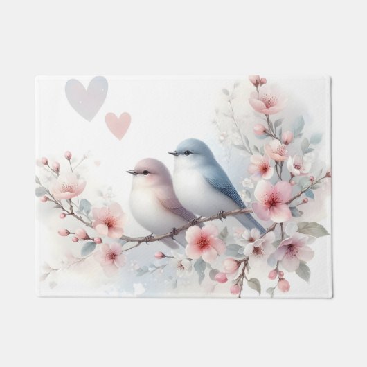 Romantic Love Birds Cherry Blossom Branch ドアマット (正面)
