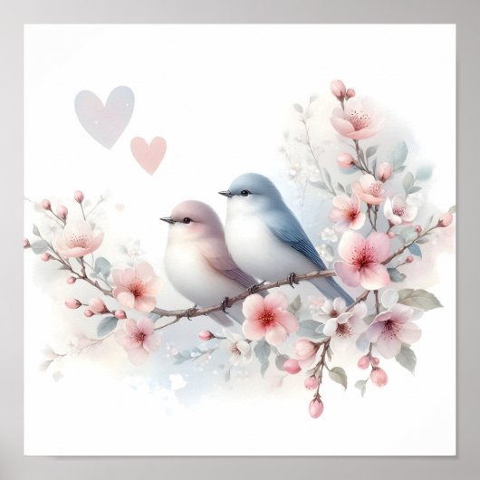 Romantic Love Birds Cherry Blossom Branch ポスター (正面)