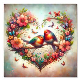 Romantic Love Birds Floral Heart Watercolor Design フォトプリント