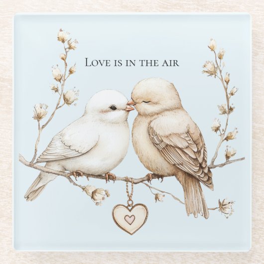 Romantic Love Birds Heart Wedding ガラスコースター (正面)